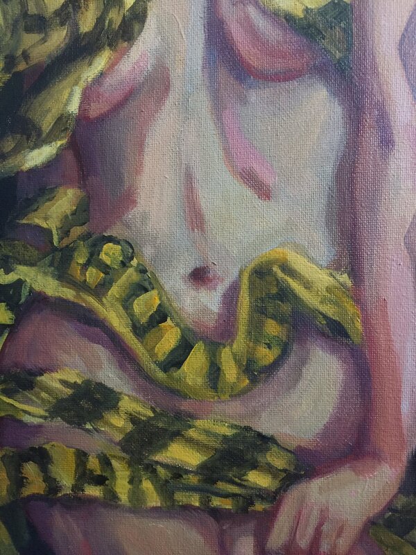 Torso of a nude woman with yellow caution tape wrapped around her, she is pulling off.