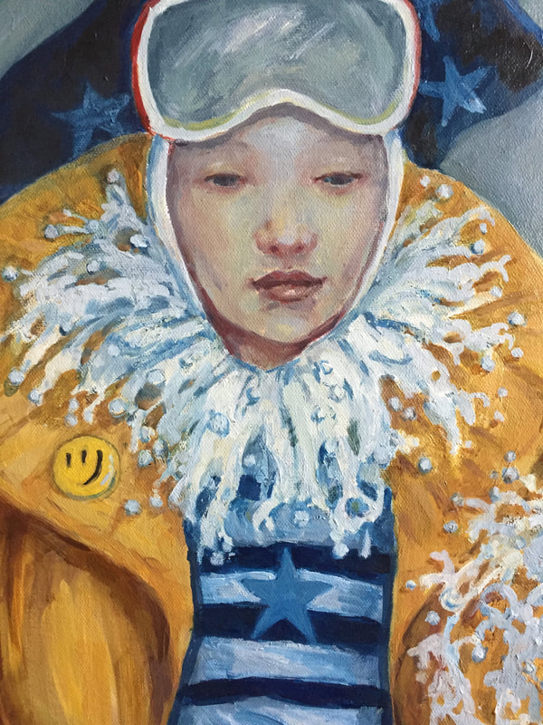 Ebisu painted as a woman shown close up on face which looks serene.