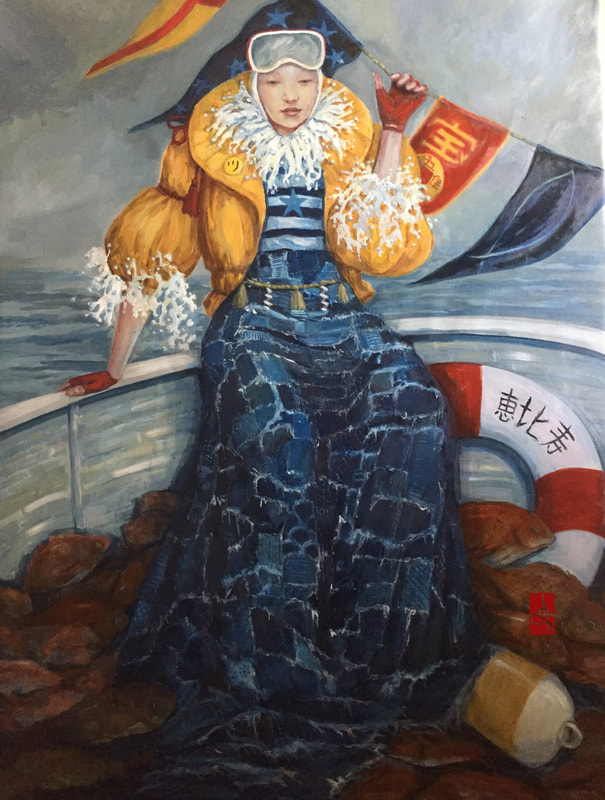 Ebisu painted as a woman wesring a lot of symbolic fashion, including a boro skirt and the goggles and white headwrap of Ama pearl divers, sitting in a boat surrounded by fish. Flags move behind her