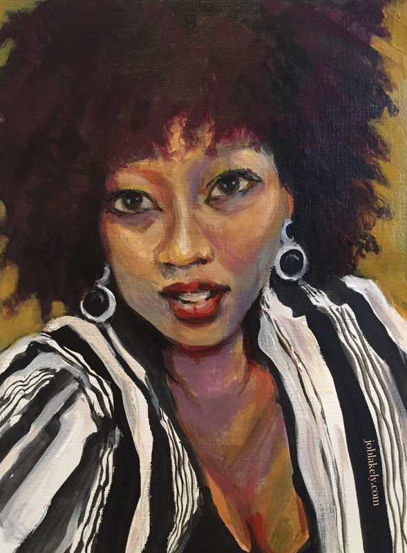 Painting of a Black woman with natural hair, wearing a black & white striped shirt. She is looking straight on.