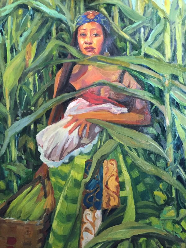 Beautiful young Native woman wearing ribbon skirt holding an infant in one arm, a basket of corn in the other, standing in a cornfield looking direct. Colors are bright with a lot of green.